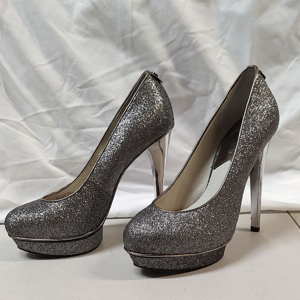 Michael Kors Gideon Size 6 Silver Glitter Stiletto Heels - New
